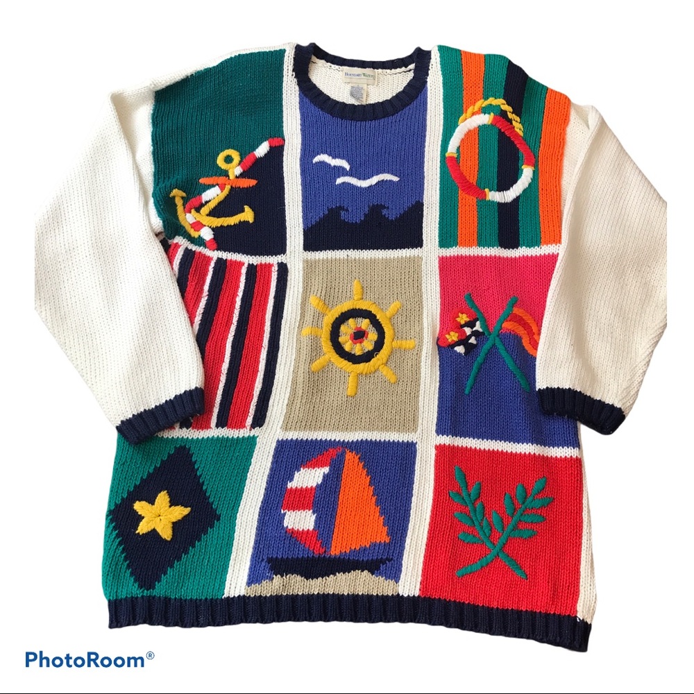 Vtg Nautical Sailing Sweater L Colorful Oversized